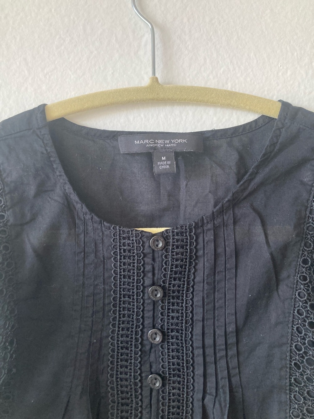 Marc New York Black Crochet Pintuck Button Blouse